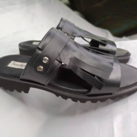 Two Bands Flat Slider Slippers with Fringes
